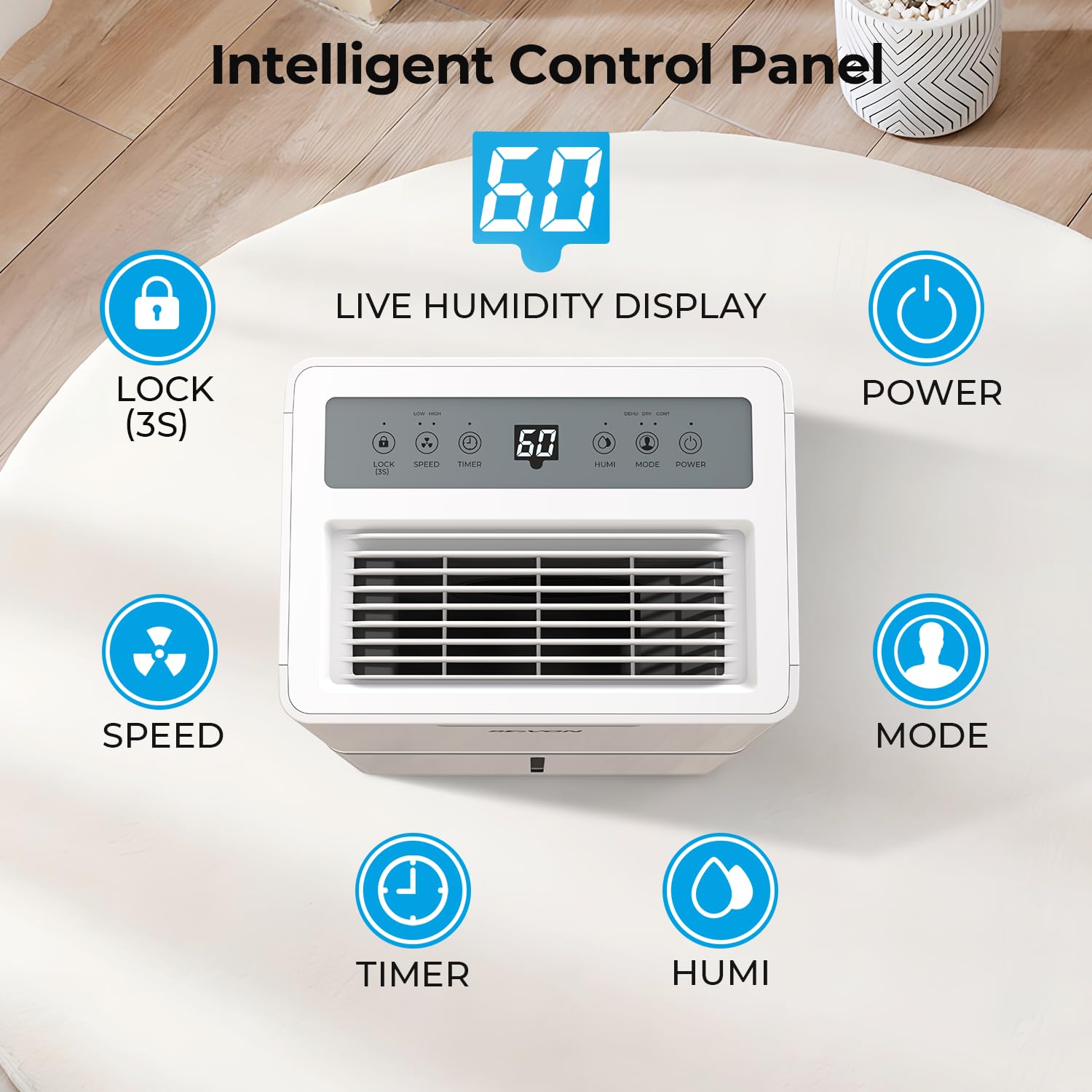 SEAVON dehumidifier displays real-time humidity with a clear digital readout.