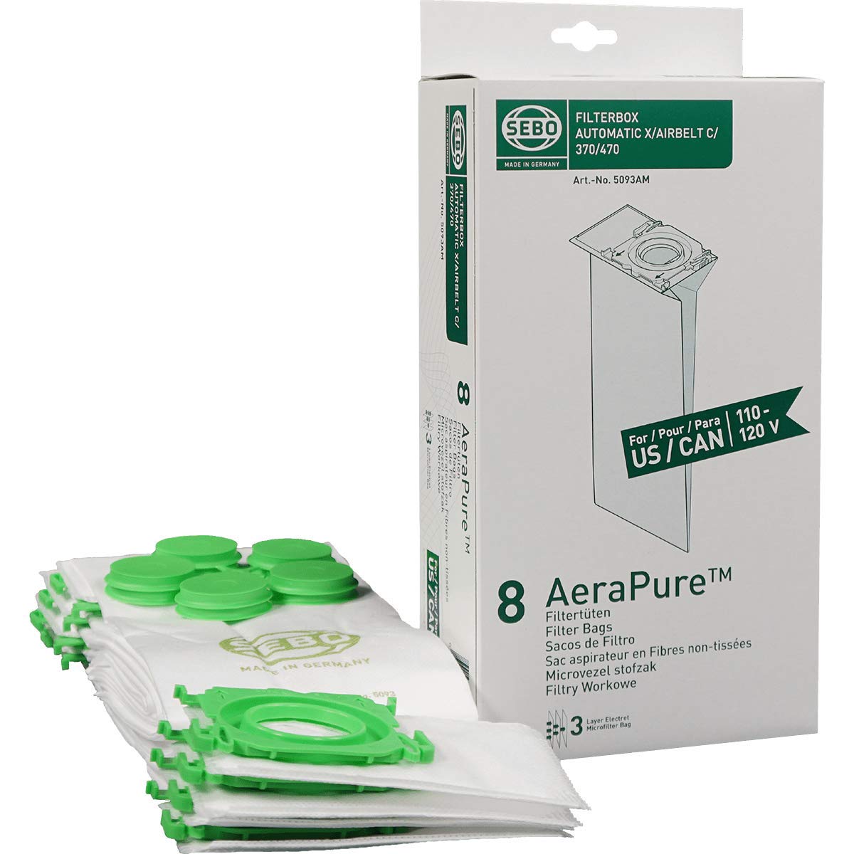 Sebo 5093AM filterbox bags pack for SEBO uprights enhances filtration and easy maintenance.