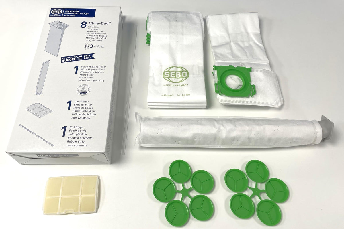 Sebo 5828AM service box with eight AeraPure bags for efficient filtration