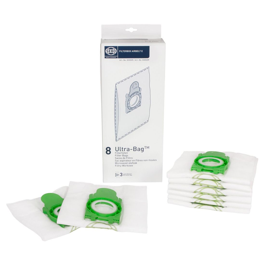 Sebo Airbelt 8300ER filterbox with eight ultra-bag filters and electret cap for hygienic bag changes.