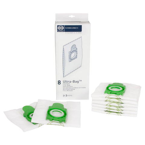 Sebo Airbelt 8300ER filterbox with eight ultra-bag filters and electret cap for hygienic bag changes.