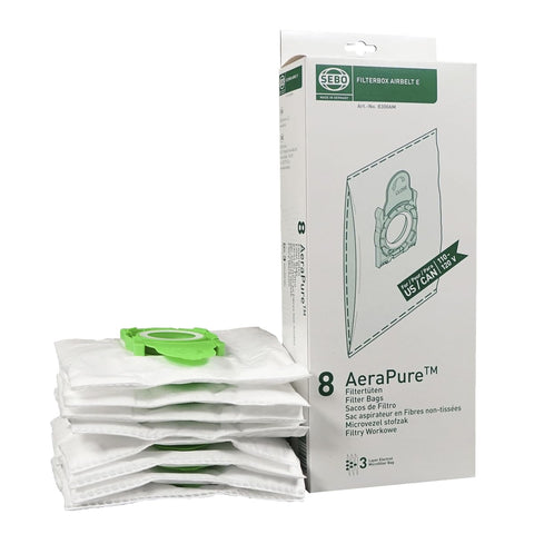 Sebo Airbelt E bag box with eight ultra bags and caps for easy replacement.
