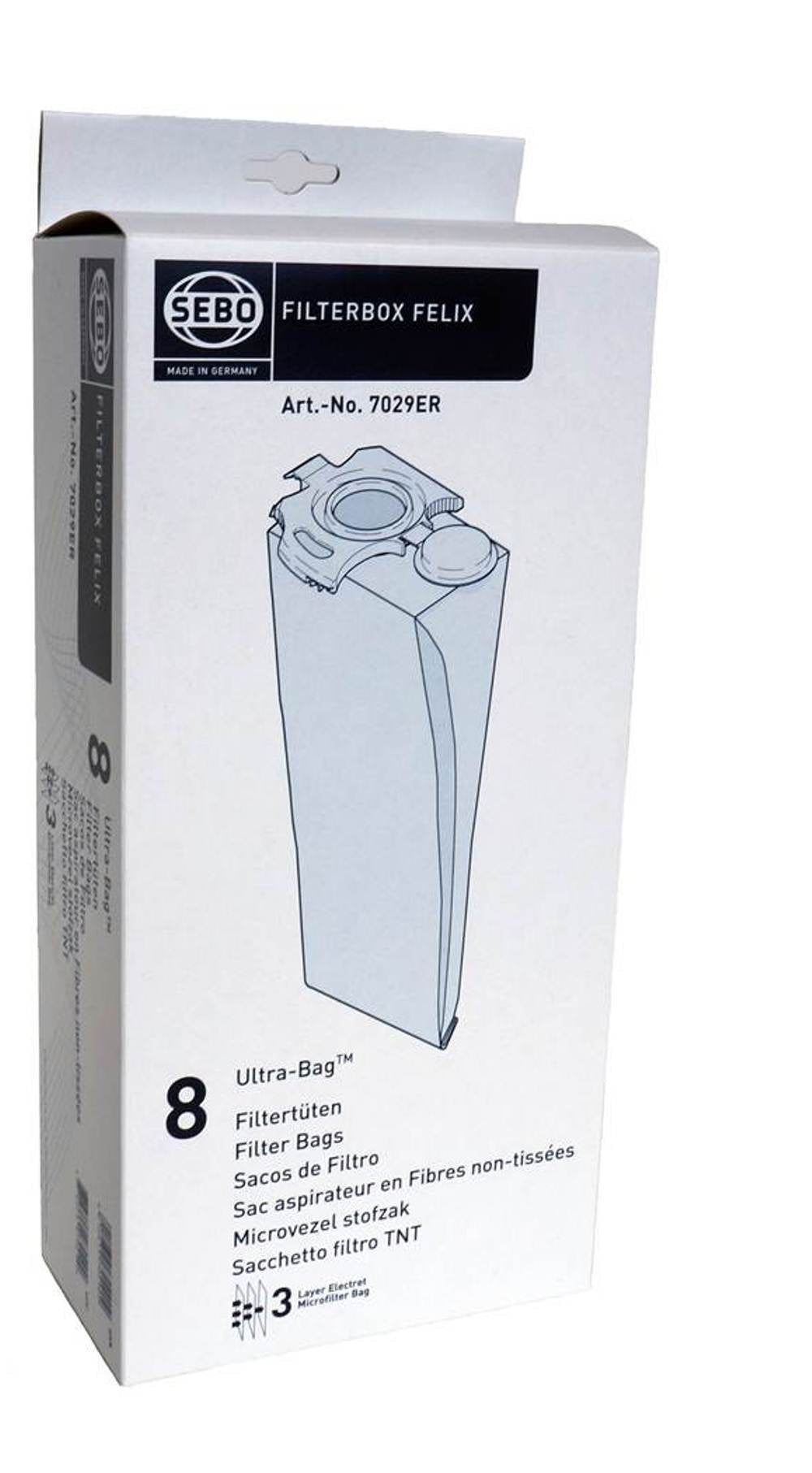 SEBO Felix filterbox 8-pack bags in use show strong suction and dirt capture