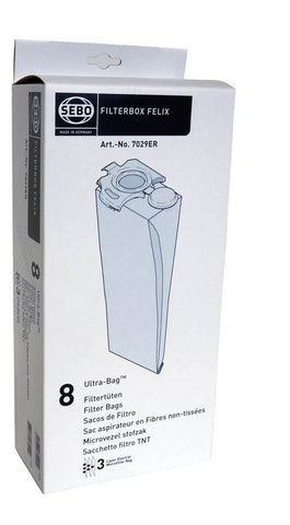 SEBO Felix filterbox 8-pack bags in use show strong suction and dirt capture