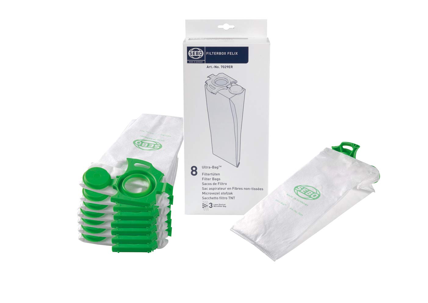Sebo Felix Ultra 7029ER cloth bag in pack, ready for hygienic disposal after cleaning.