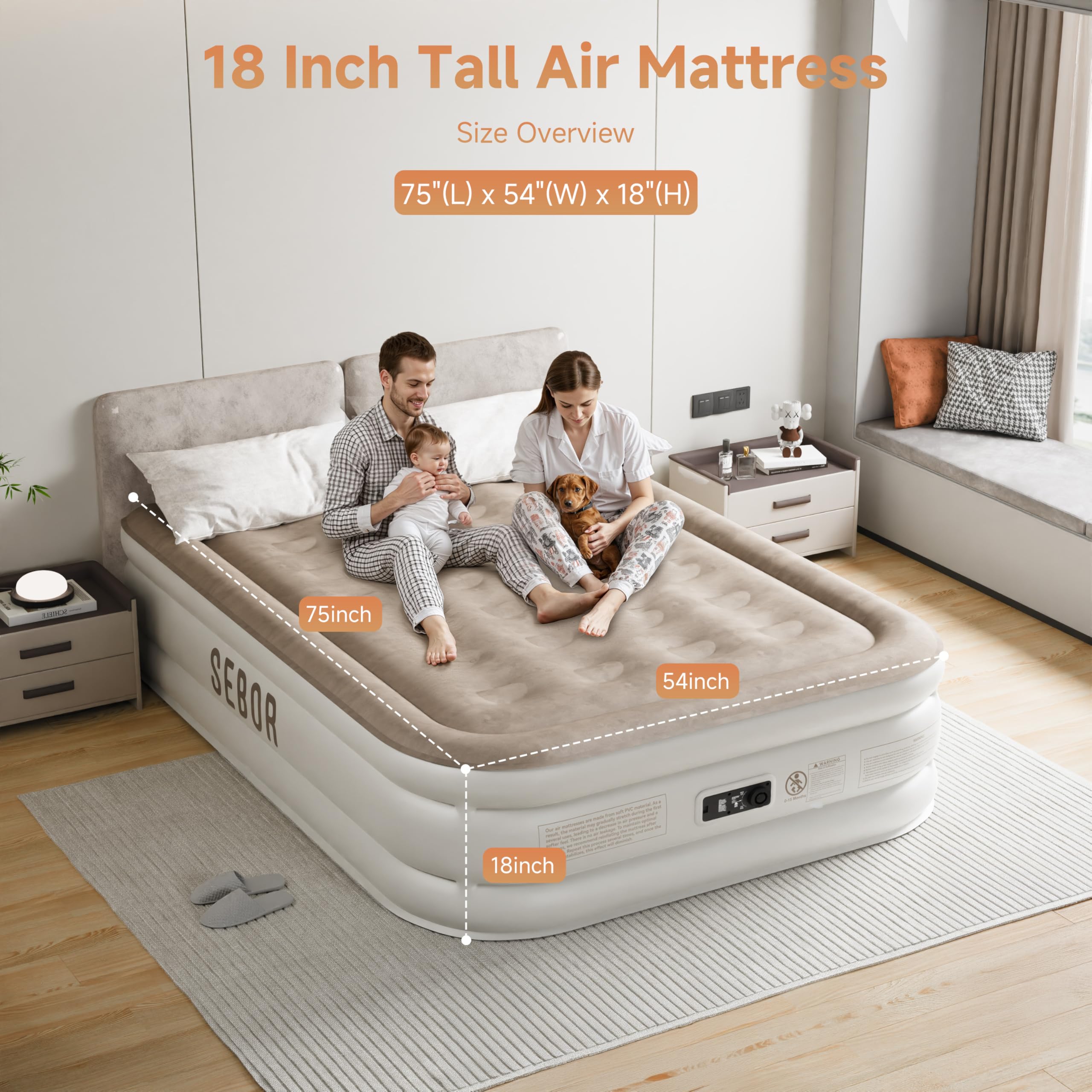 Sebor air mattress full velvet top surface for plush comfort