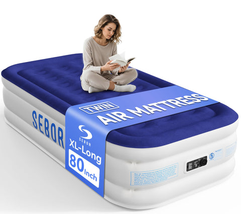 Sebor air mattress twin with built-in pump shows plush top surface for comfortable sleep.
