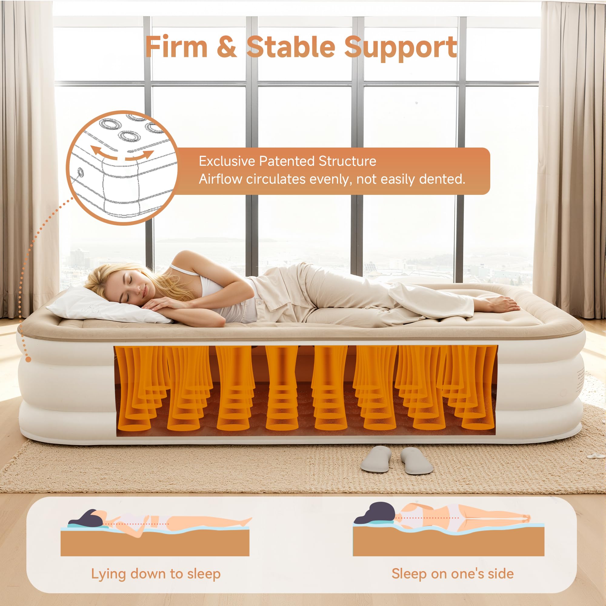 Sebor air mattress twin non-slip bottom keeps it stable during use.