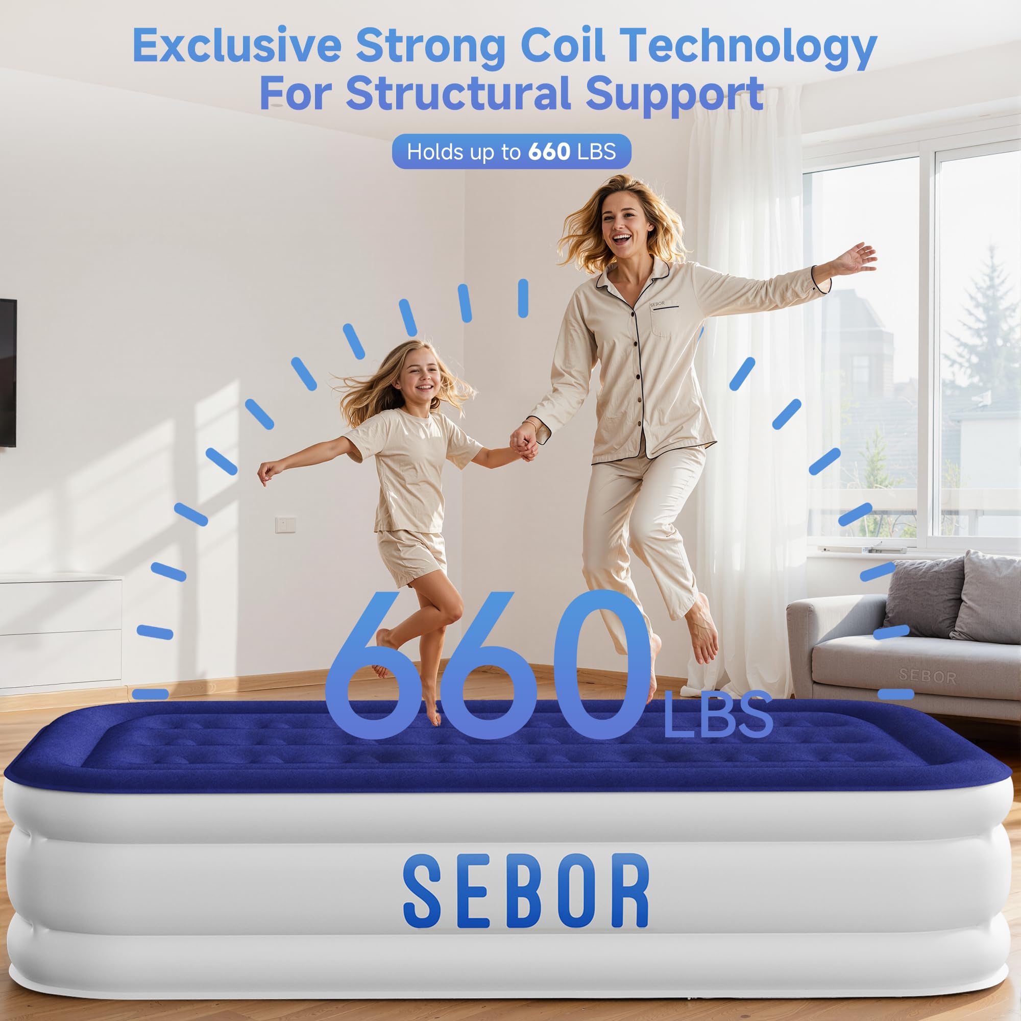 Sebor air mattress twin plush top material provides hotel-like comfort for guests.