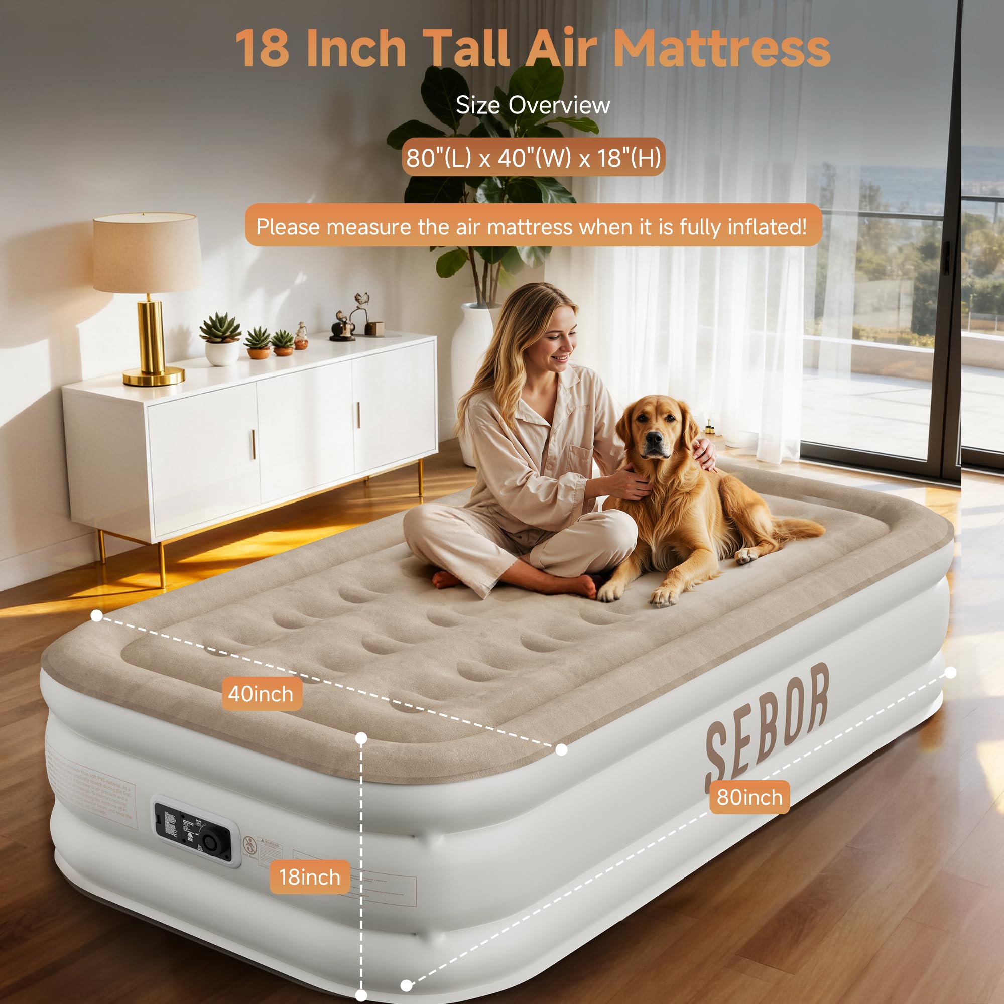 Sebor air mattress twin plush top surface offers a soft bed-like feel.