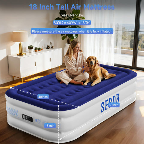 Sebor air mattress twin built-in pump control panel enables quick, adjustable inflation.