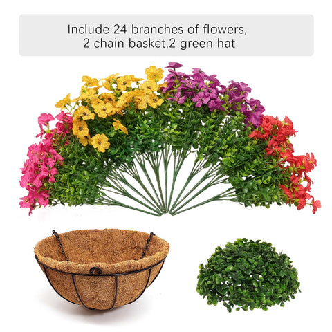 Secqous daisy hanging basket shows pink and purple hues for lively exterior.