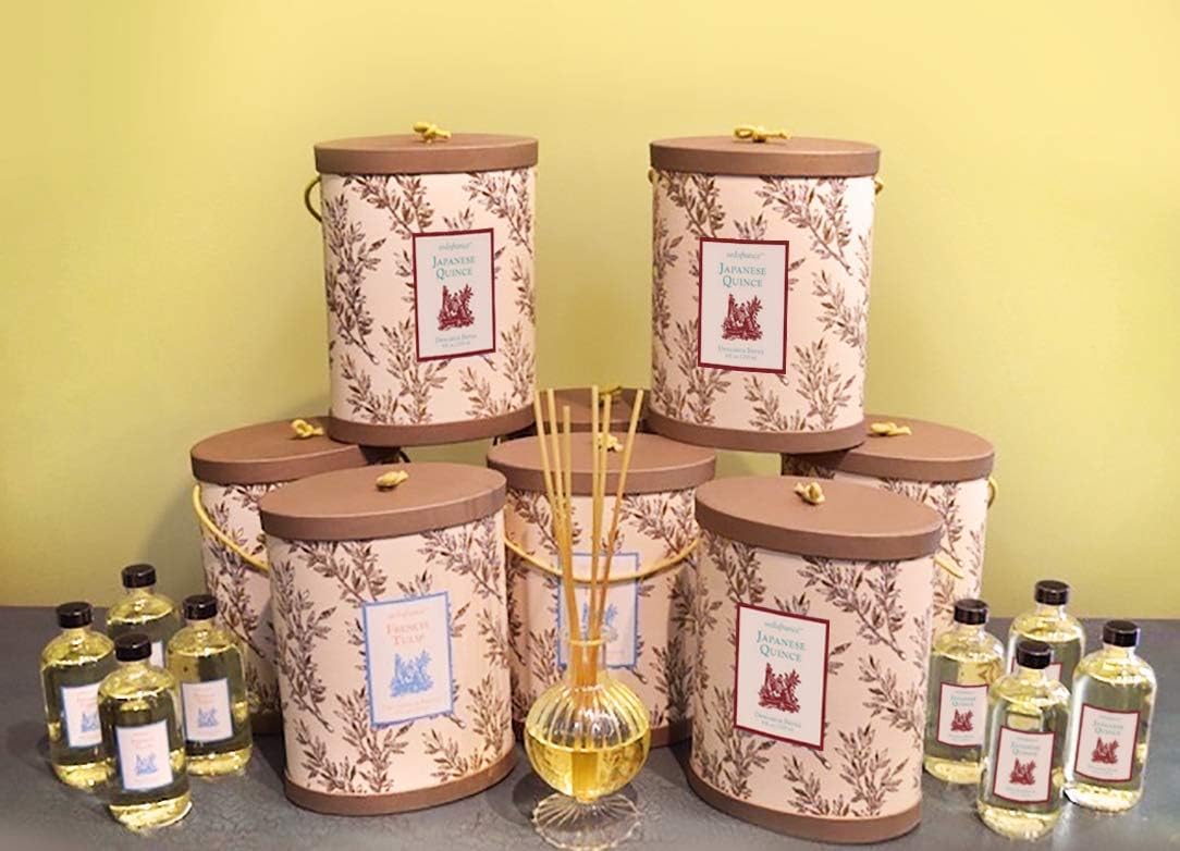 Diffuser scene with Seda France Japanese Quince refill oil enhancing ambient aroma.