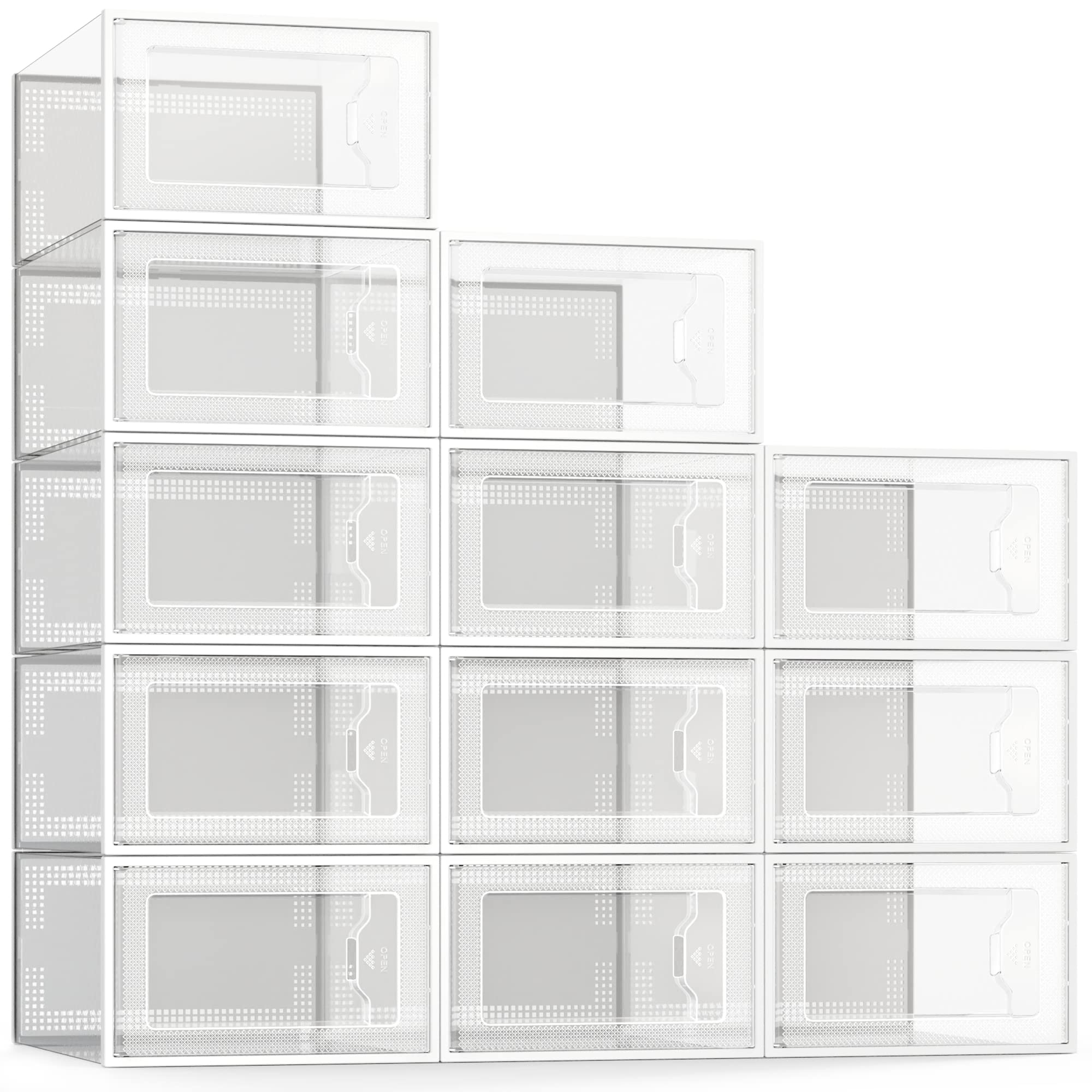 SEE SPRING 12-pack shoe storage box with clear front door for quick shoe selection.