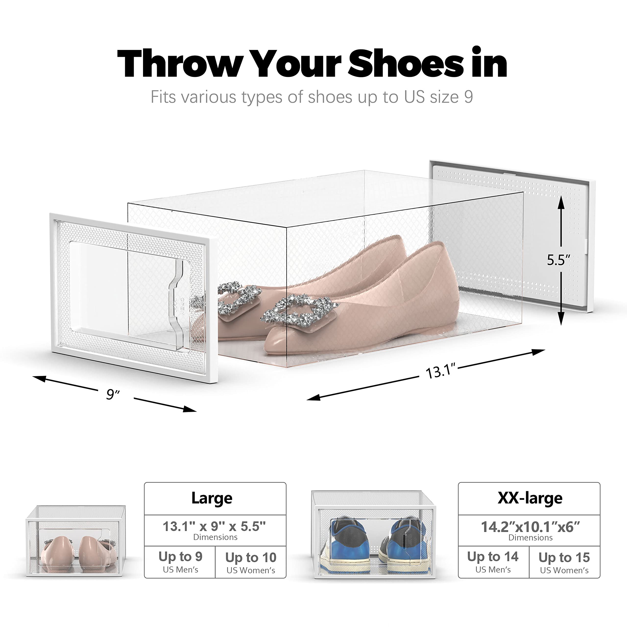 SEE SPRING dimensions 13.1L x 9W x 5.5H fit most sneakers.
