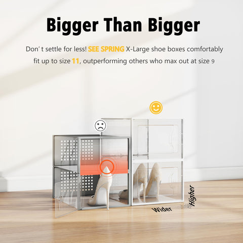 SEE SPRING stackable shoe organizer side panel design saves closet space.