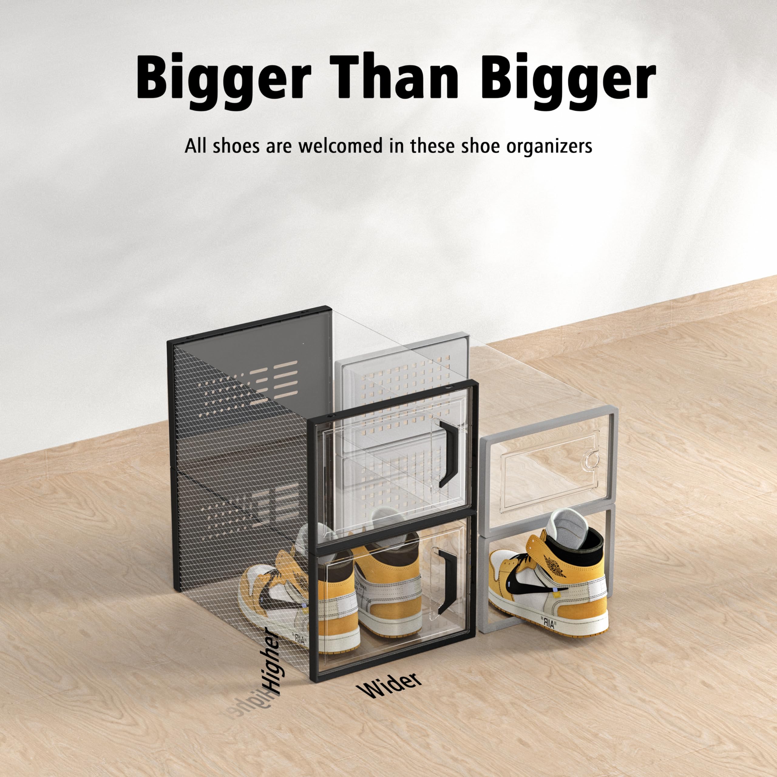 SEE SPRING stackable shoe boxes simplify closet organization and space management.