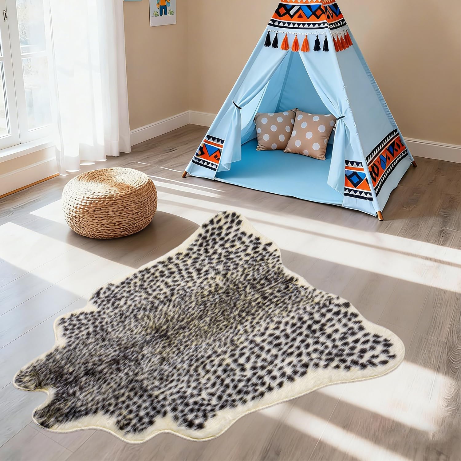 Seek4comfortable leopard rug beside fireplace creates inviting focal point.