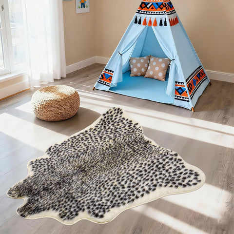 Seek4comfortable leopard rug beside fireplace creates inviting focal point.