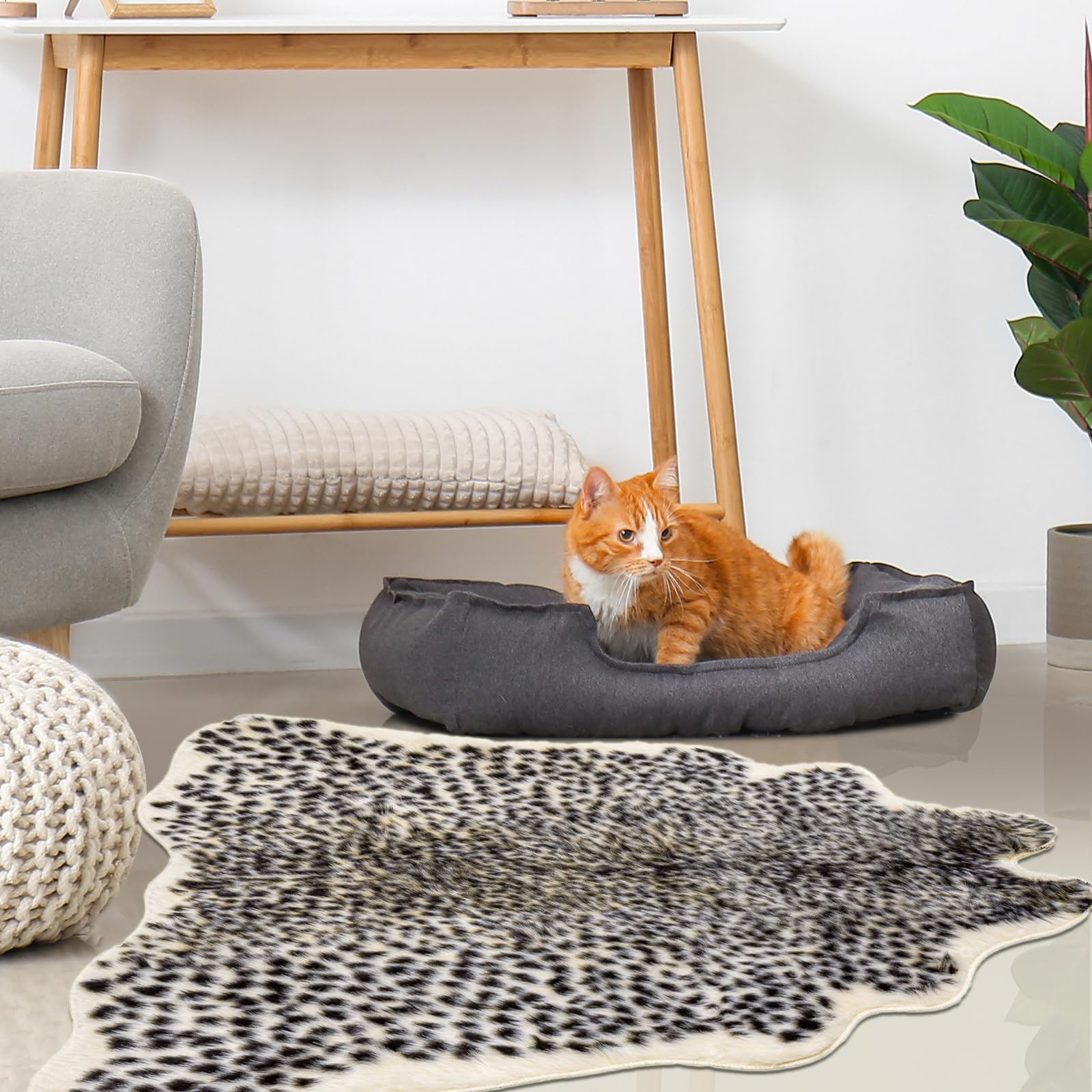 Seek4comfortable leopard rug edge and tail detail enhances realism.