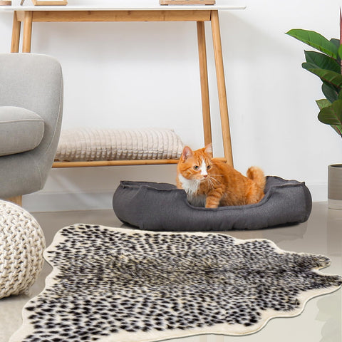 Seek4comfortable leopard rug edge and tail detail enhances realism.