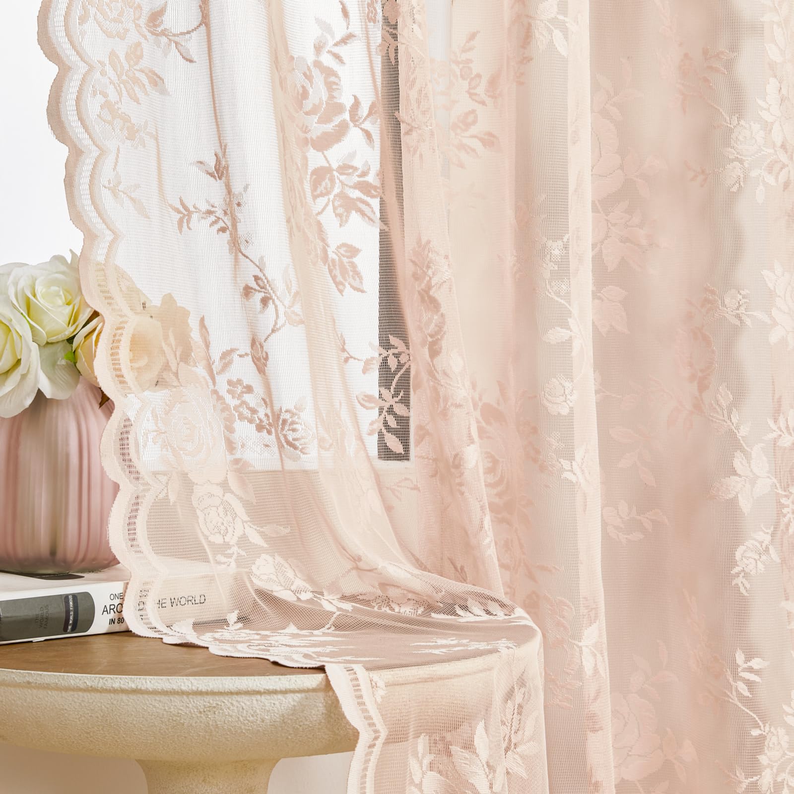 SEEKRIGHT blush pink lace curtains show 84-inch two-panel setup filtering light softly.