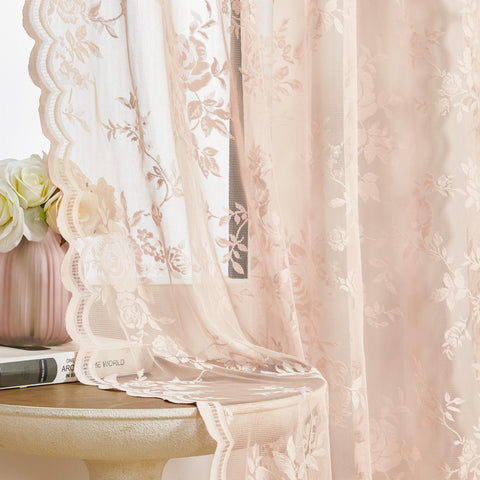SEEKRIGHT blush pink lace curtains show 84-inch two-panel setup filtering light softly.