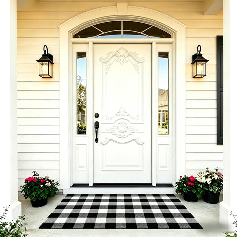 SEEKSEE black white buffalo plaid porch rug accents entryway with timeless style