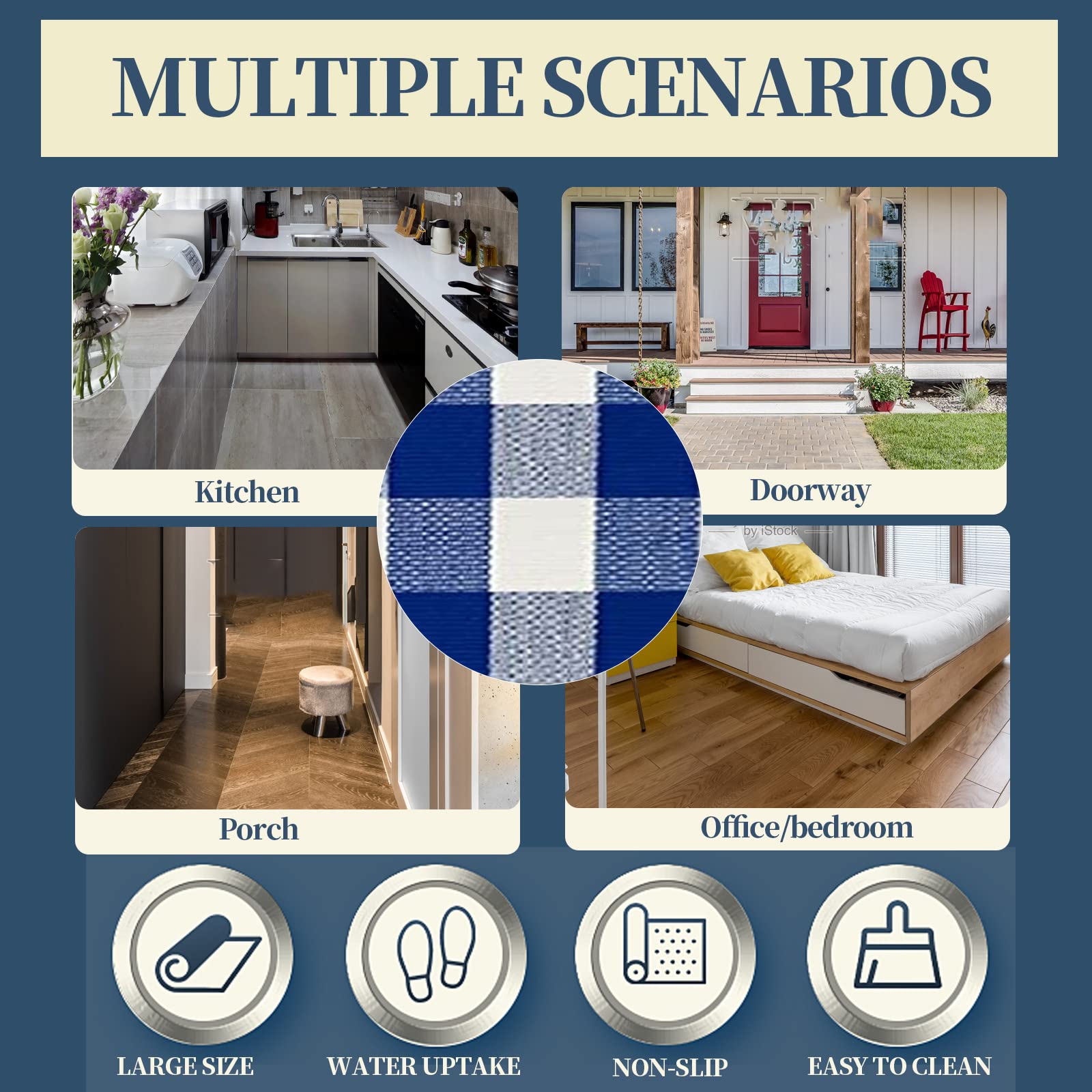 SEEKSEE blue and white buffalo plaid rug enhances curb appeal.