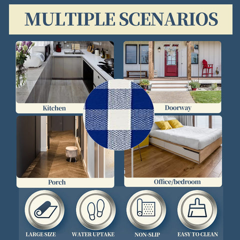 SEEKSEE blue and white buffalo plaid rug enhances curb appeal.
