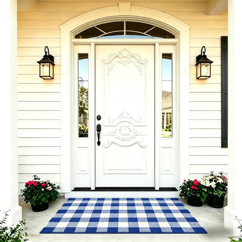 SEEKSEE buffalo plaid outdoor rug 3x5 in blue and white, ideal for porch layering.