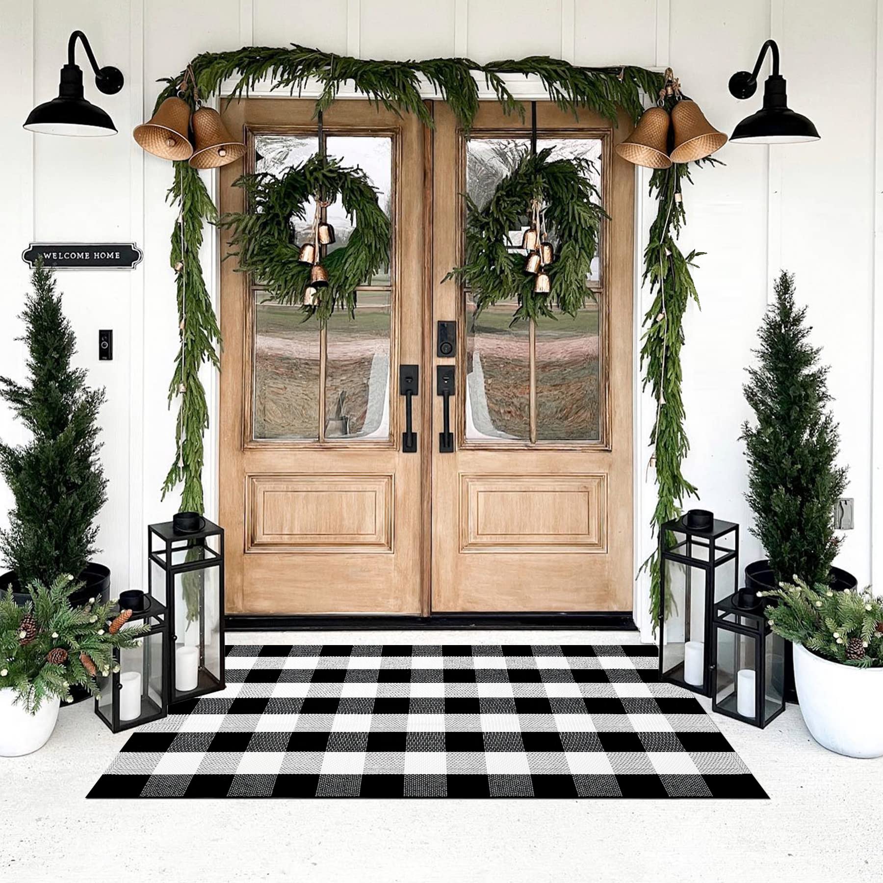 SEEKSEE buffalo plaid outdoor rug 3x5 front door mat for year‑round curb appeal