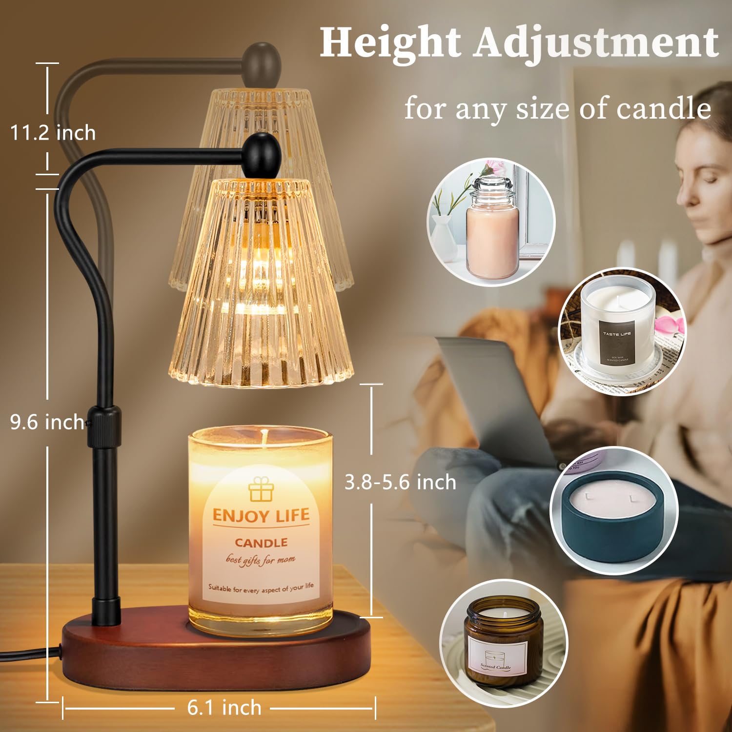 Seenlast candle warmer height adjustable to fit jar candles up to six inches.