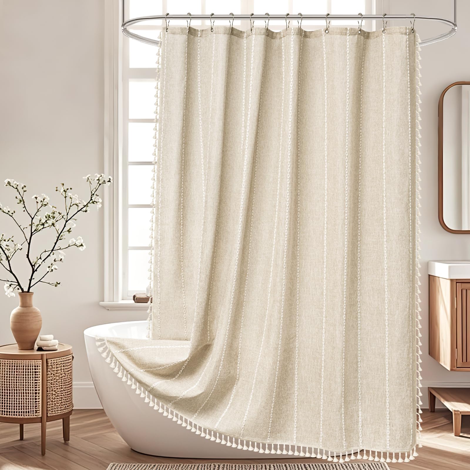 Seenus warm beige tones complement boho and farmhouse bathrooms for versatile styling.