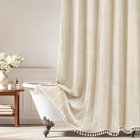 Seenus boho farmhouse linen shower curtain in cream adds rustic elegance and hotel-like drape.