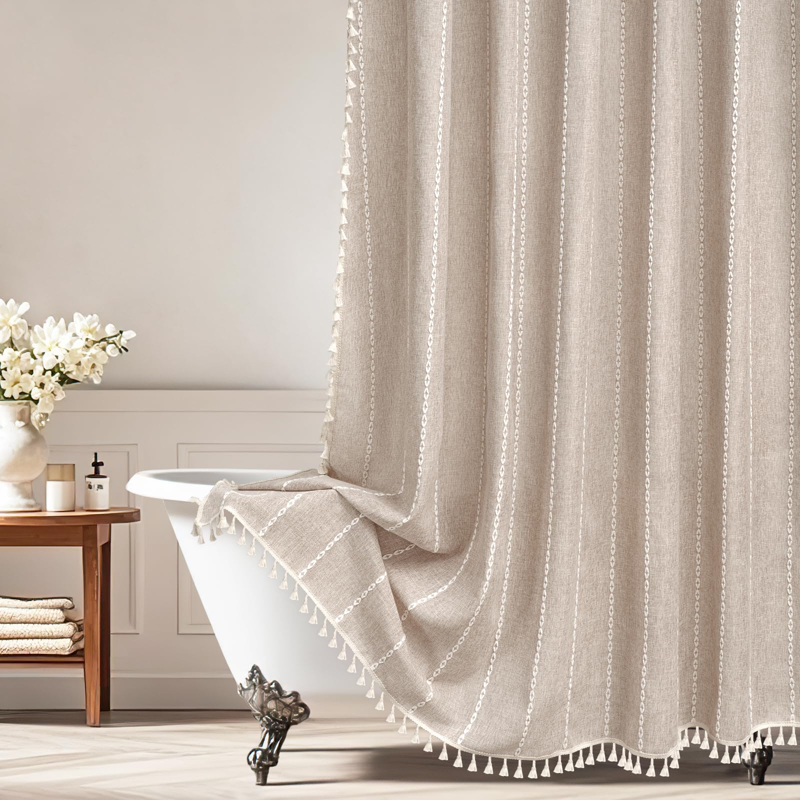 Seenus boho farmhouse linen shower curtain with tassels enhances rustic bathroom style.