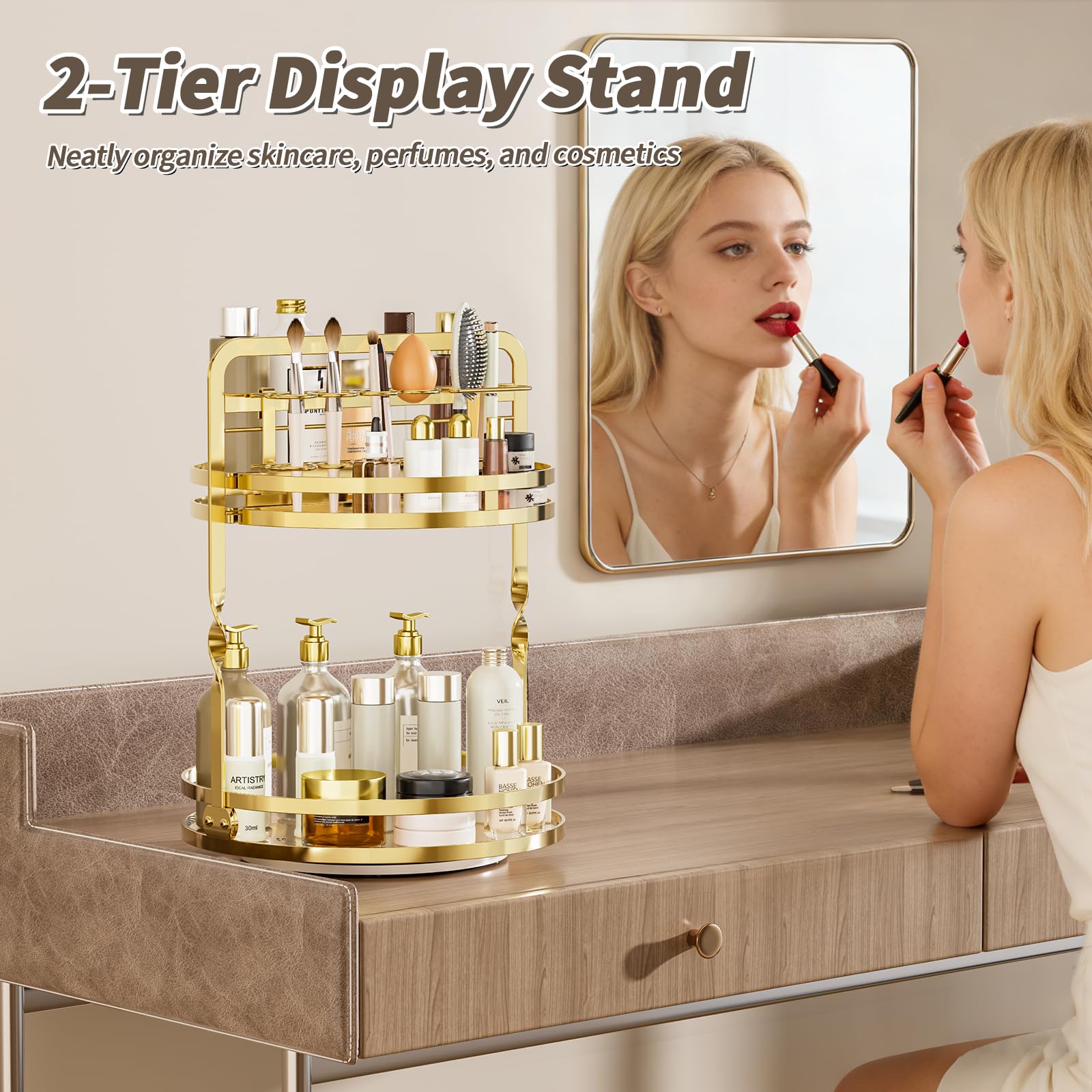 SEENWUUN 2-tier gold perfume shelf seen from the side for organized countertop.