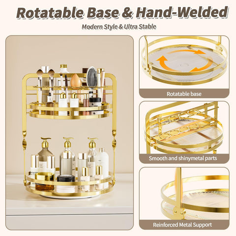 SEENWUUN gold vanity organizer with open shelves displaying fragrances and cosmetics.