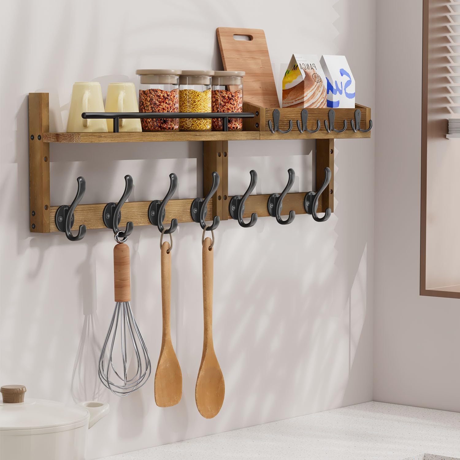 Segtenant rustic pine base with dark iron hooks for vintage charm.