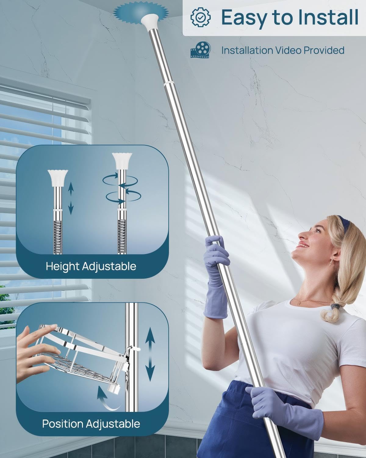 SEIRIONE bathroom caddy includes hooks and a towel bar for extra storage.