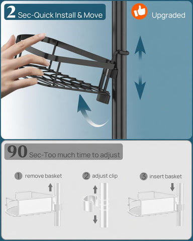 SEIRIONE black finish shower caddy shown beside bathtub for space efficiency.