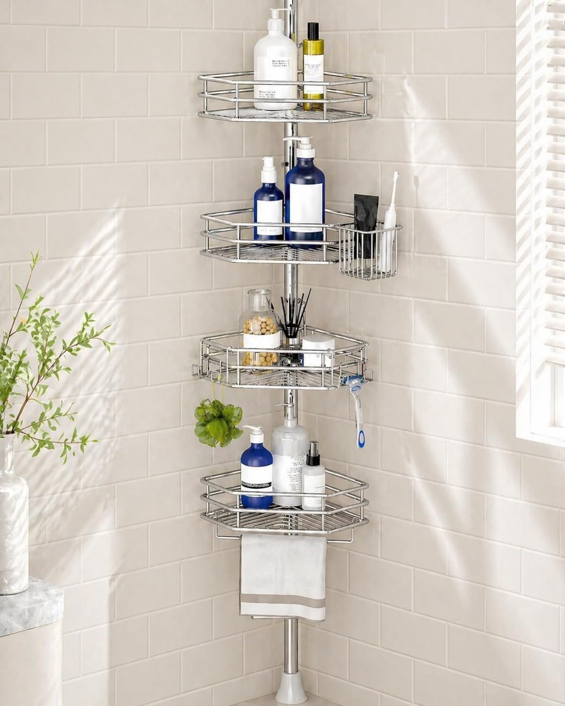 SEIRIONE corner shower caddy pole assembly enables quick setup and height adjustability.
