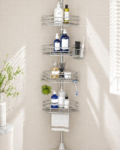 SEIRIONE corner shower caddy pole assembly enables quick setup and height adjustability.