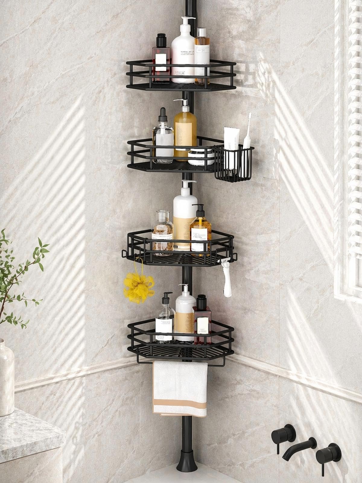 SEIRIONE corner shower caddy tension pole enables quick, drill-free installation