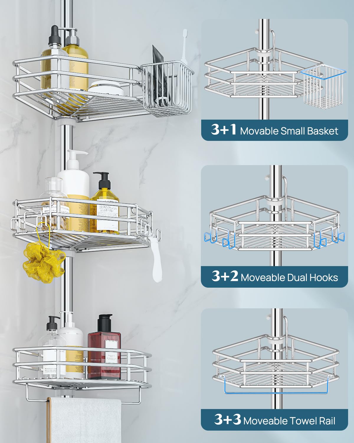 SEIRIONE drill-free tension pole installation for quick bathroom organization.