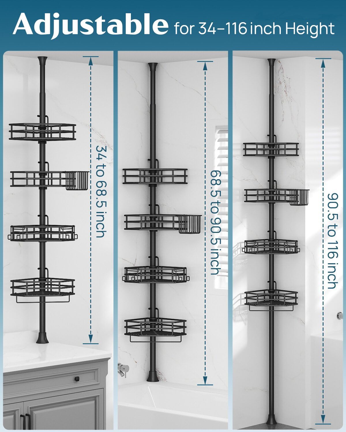 SEIRIONE four-tier adjustable shelves maximize shower storage space