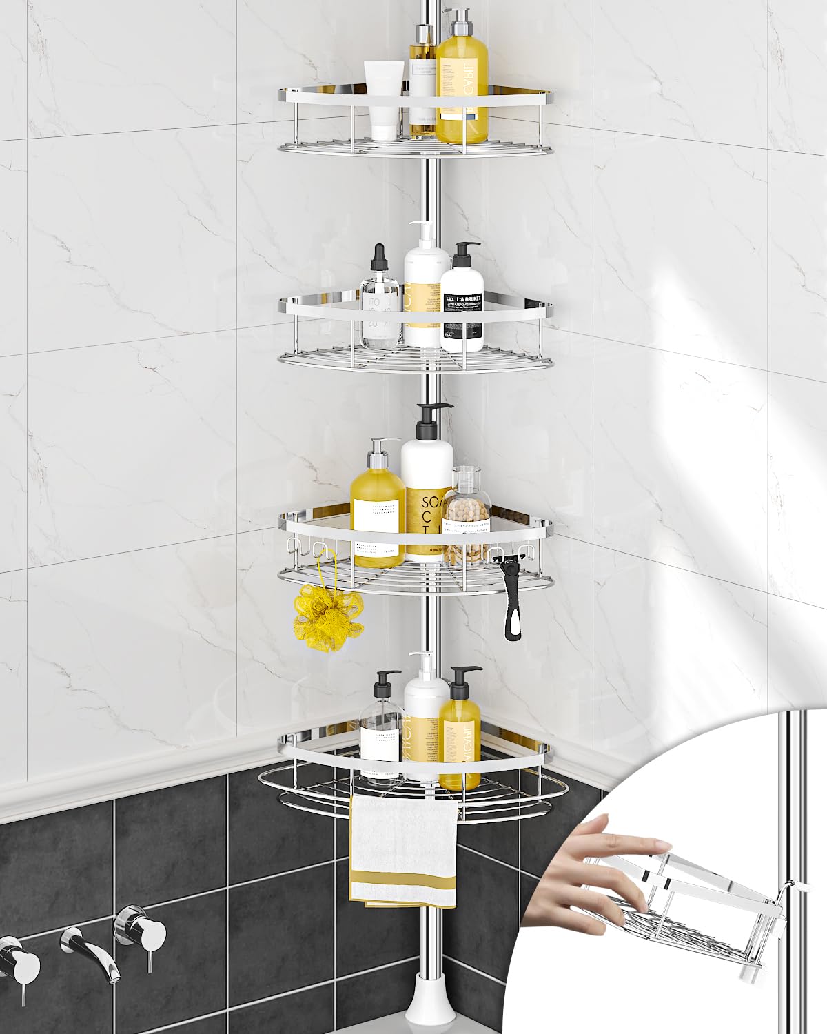 SEIRIONE rustproof shower corner caddy assembly shows easy installation and durable stainless construction.