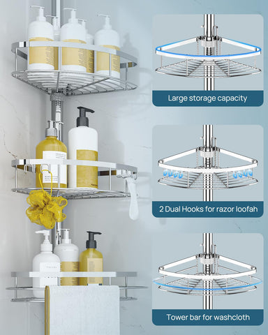 SEIRIONE shower caddy in use holds shampoo, conditioner, and soap.
