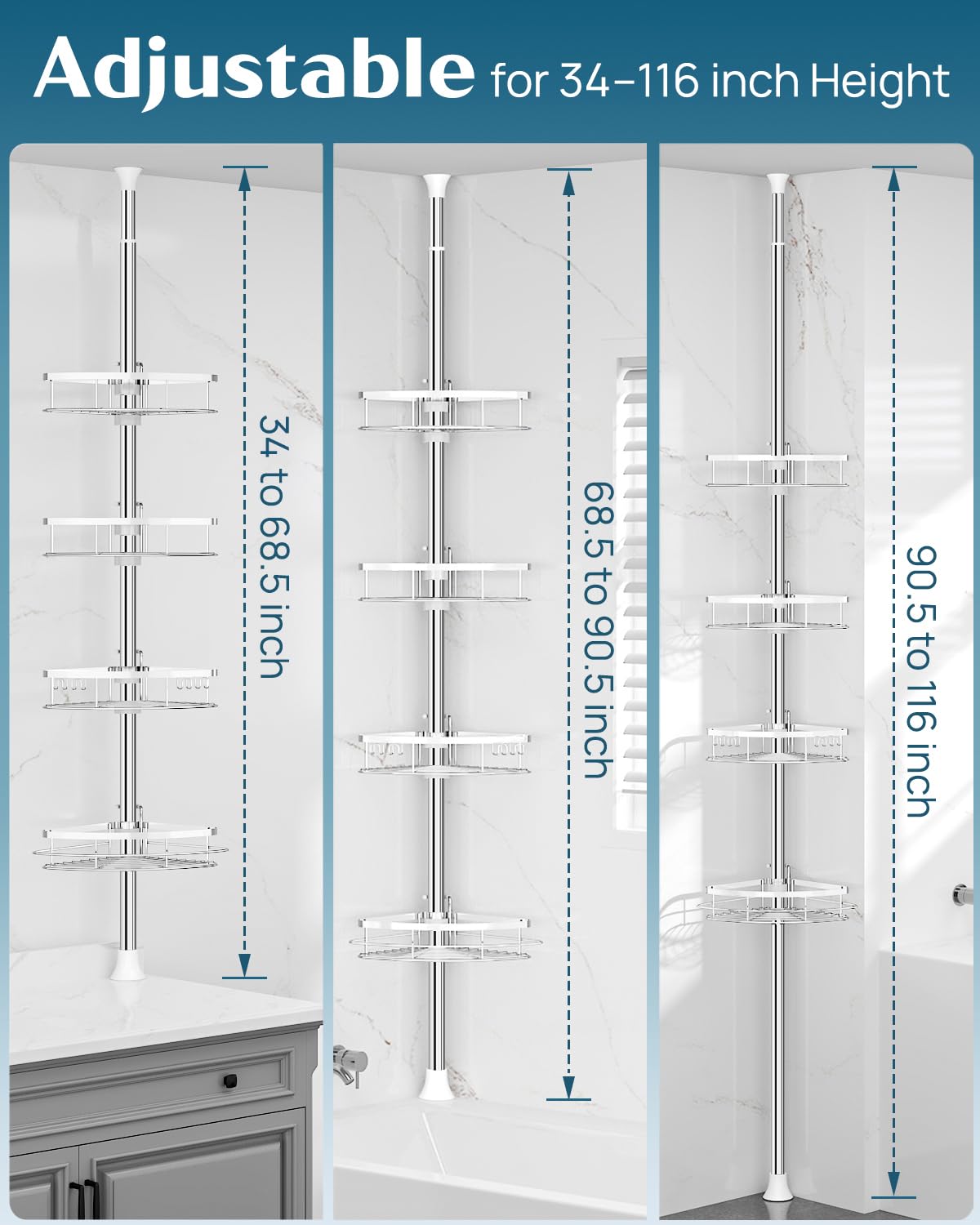 SEIRIONE 4-shelf caddy provides organized storage for shampoo and soap.