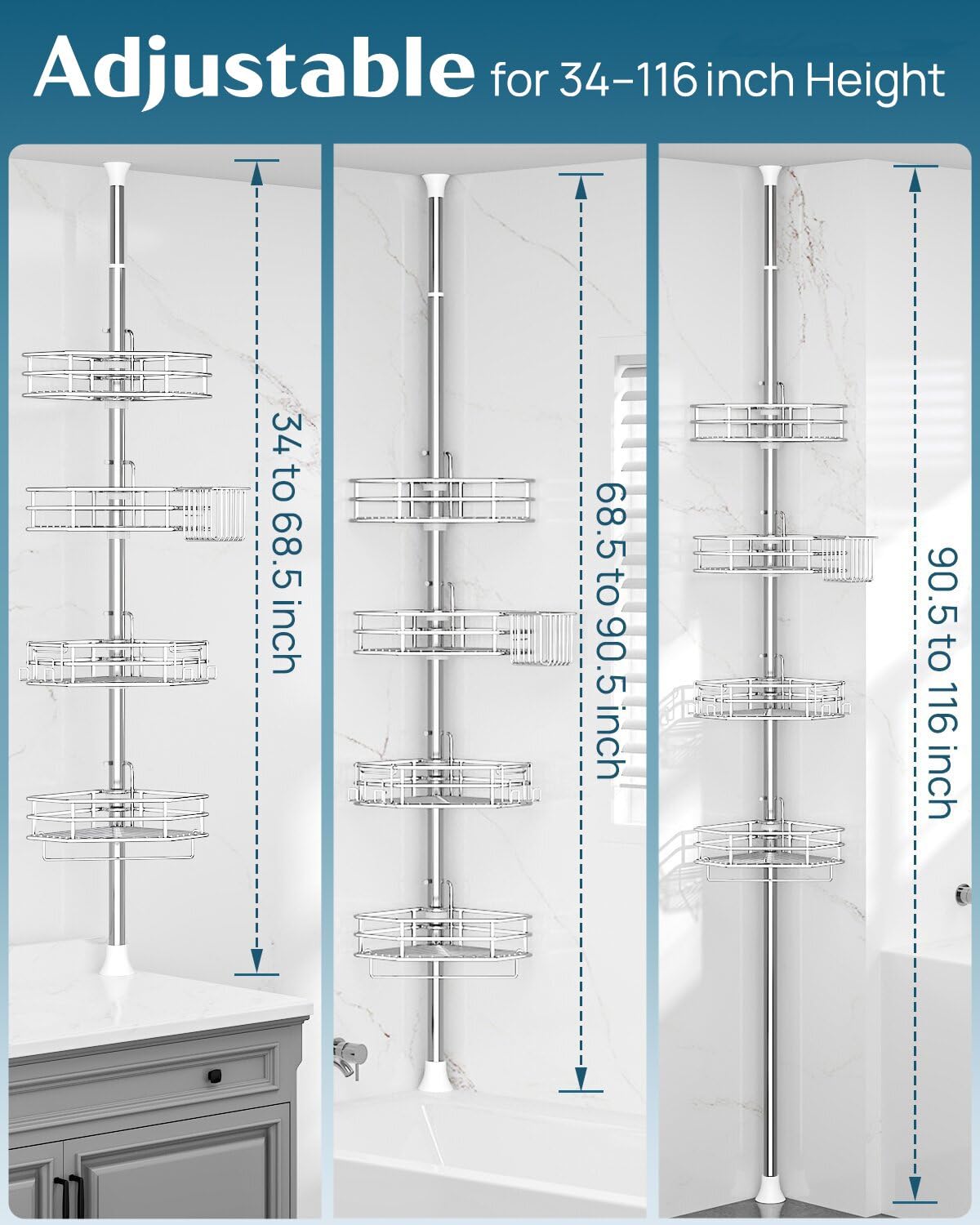 SEIRIONE stainless steel shower caddy showcases rust-free durability for busy bathrooms.